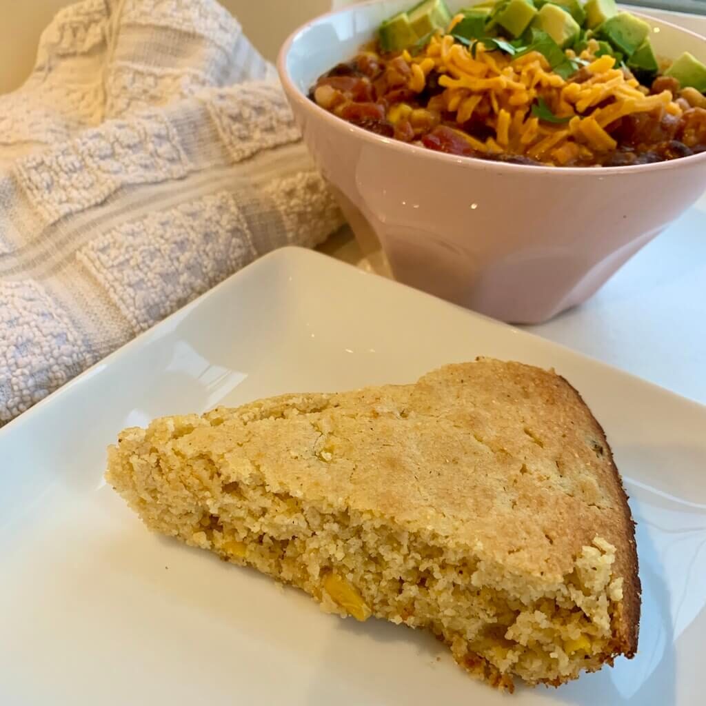 vegan cornbread slice and chili